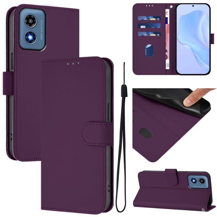 For Motorola Moto G Play 4G 2024 Global Skin Feel Solid Color Leather Phone Case with Lanyard(Violet) - Motorola Cases by buy2fix | Online Shopping UK | buy2fix