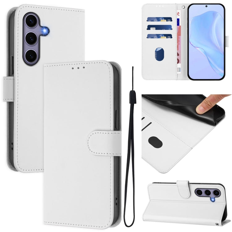 For Samsung Galaxy S25 5G Skin Feel Solid Color Leather Phone Case with Lanyard(White) - Galaxy S25 5G Cases by buy2fix | Online Shopping UK | buy2fix