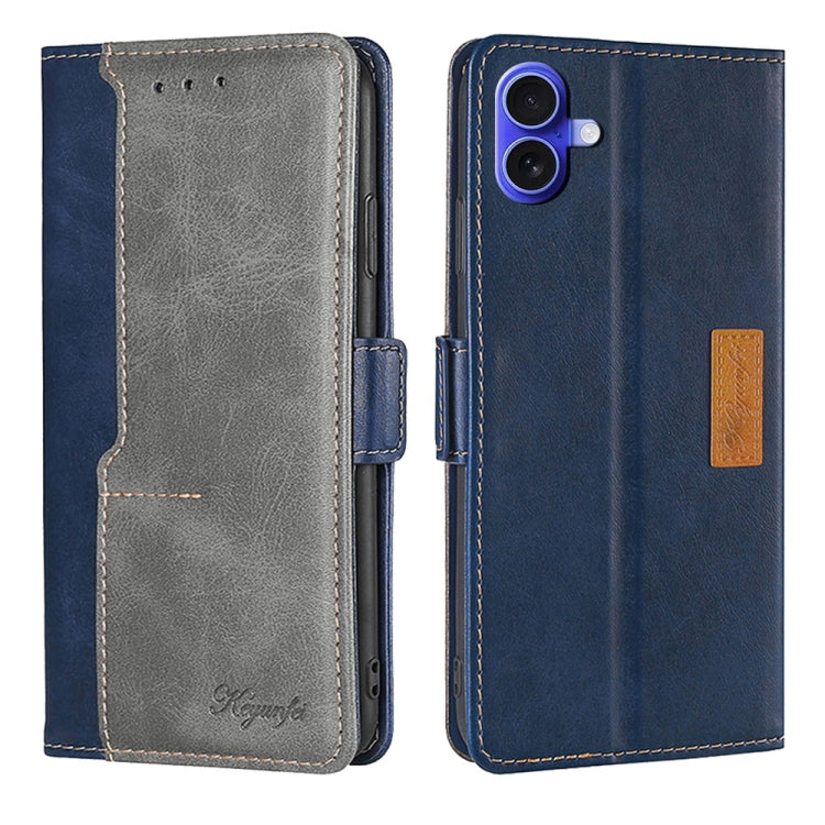 For iPhone 16 Plus Contrast Color Side Buckle Leather Phone Case(Blue + Grey) - iPhone 16 Plus Cases by buy2fix | Online Shopping UK | buy2fix