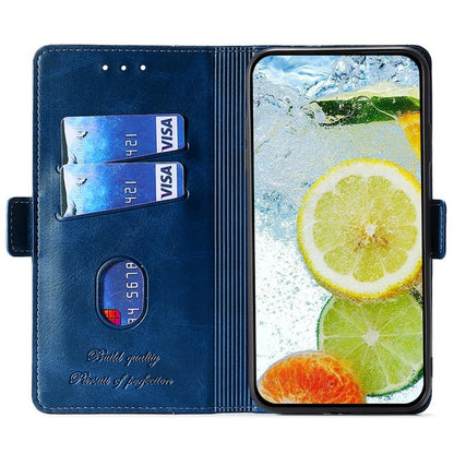 For iPhone 16 Plus Contrast Color Side Buckle Leather Phone Case(Blue + Grey) - iPhone 16 Plus Cases by buy2fix | Online Shopping UK | buy2fix