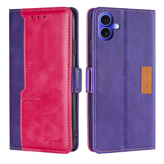 For iPhone 16 Plus Contrast Color Side Buckle Leather Phone Case(Purple + Rose Red) - iPhone 16 Plus Cases by buy2fix | Online Shopping UK | buy2fix