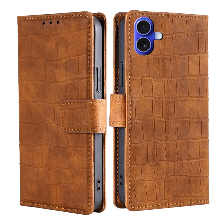 For iPhone 16 Plus Skin Feel Crocodile Magnetic Clasp Leather Phone Case(Brown) - iPhone 16 Plus Cases by buy2fix | Online Shopping UK | buy2fix