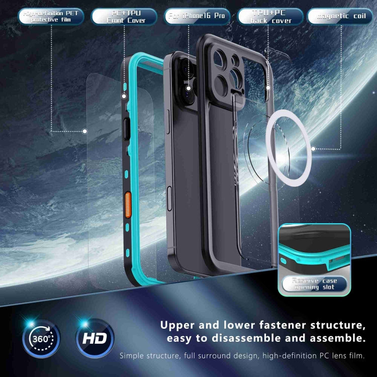 For iPhone 16 Pro RedPepper Transparent Dot IP68 Waterproof Triple-proof MagSafe Phone Case(Black Blue) - iPhone 16 Plus Cases by RedPepper | Online Shopping UK | buy2fix