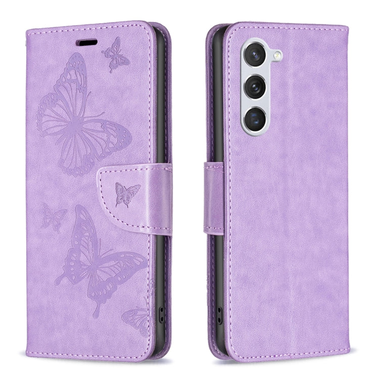 For Samsung Galaxy S25 5G Embossing Two Butterflies Pattern Leather Phone Case(Purple) - Galaxy S25 5G Cases by buy2fix | Online Shopping UK | buy2fix