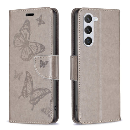 For Samsung Galaxy S25 5G Embossing Two Butterflies Pattern Leather Phone Case(Grey) - Galaxy S25 5G Cases by buy2fix | Online Shopping UK | buy2fix