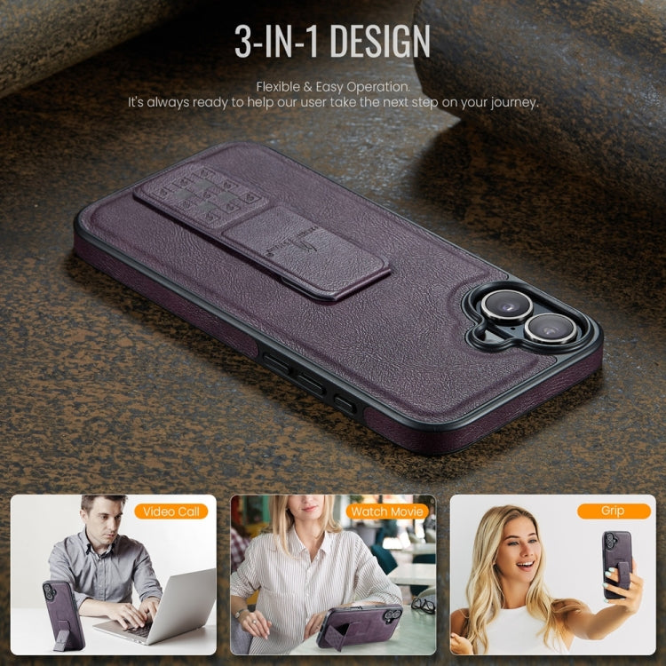 For iPhone 16 Plus Fierre Shann Oil Wax Cow Leather Holder Back Phone Case(Purple) - iPhone 16 Plus Cases by FIERRE SHANN | Online Shopping UK | buy2fix