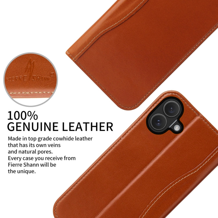 For iPhone 16 Fierre Shann Cowhide Leather Flip Leather Phone Case(Brown) - iPhone 16 Cases by FIERRE SHANN | Online Shopping UK | buy2fix