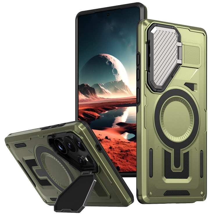 For Samsung Galaxy S25 Ultra 5G Shield Frame Holder MagSafe Phone Case(Olive Green) - Galaxy S25 Ultra 5G Cases by buy2fix | Online Shopping UK | buy2fix