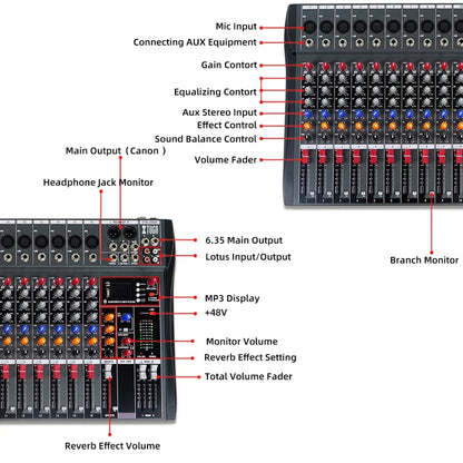 XTUGA CT120X 12-Channels Audio Mixer DJ Mixing Console with 48V Power Supply(UK Plug) - Live Sound Effects Processors by XTUGA | Online Shopping UK | buy2fix