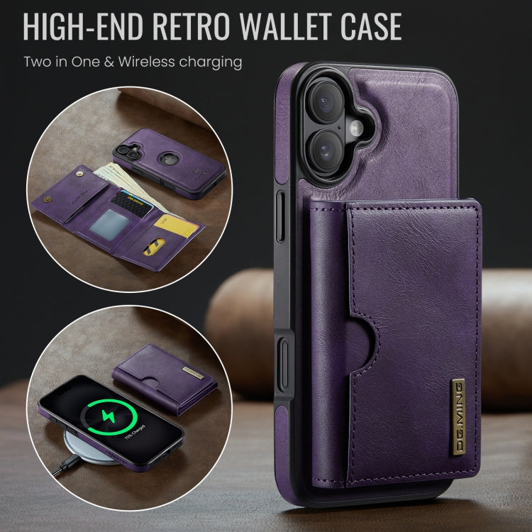 For iPhone 16 DG.MING M6 Series RFID Tri-fold Card Bag Removable Leather Phone Case(Purple) - iPhone 16 Cases by DG.MING | Online Shopping UK | buy2fix