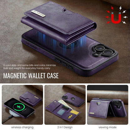 For iPhone 16 DG.MING M6 Series RFID Tri-fold Card Bag Removable Leather Phone Case(Purple) - iPhone 16 Cases by DG.MING | Online Shopping UK | buy2fix