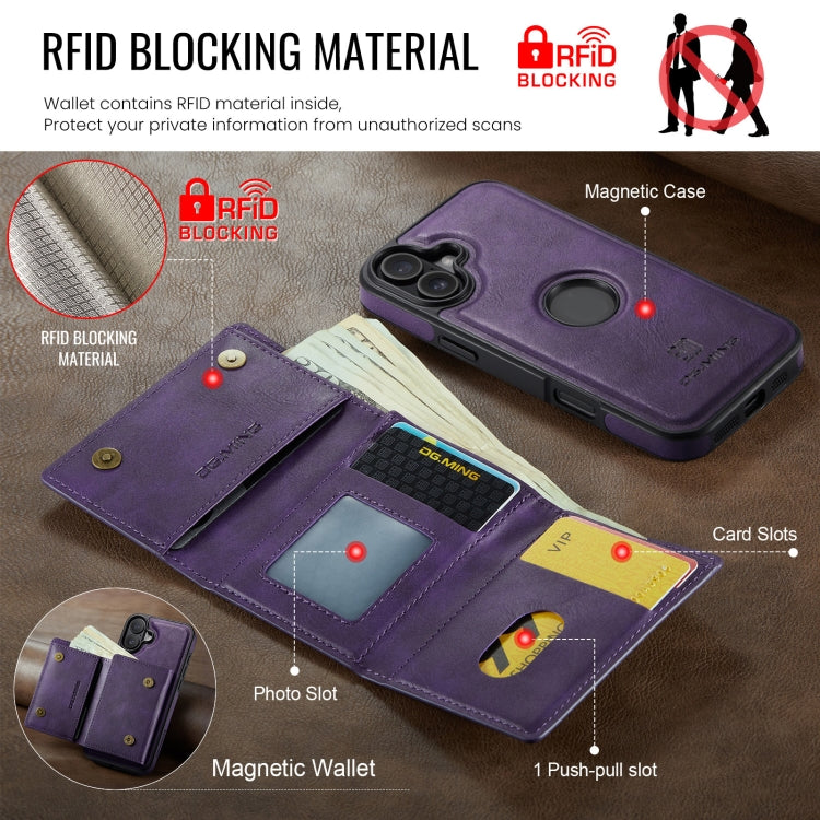 For iPhone 16 DG.MING M6 Series RFID Tri-fold Card Bag Removable Leather Phone Case(Purple) - iPhone 16 Cases by DG.MING | Online Shopping UK | buy2fix