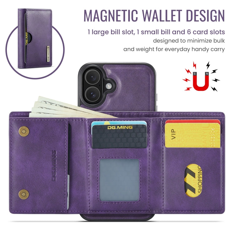 For iPhone 16 DG.MING M6 Series RFID Tri-fold Card Bag Removable Leather Phone Case(Purple) - iPhone 16 Cases by DG.MING | Online Shopping UK | buy2fix