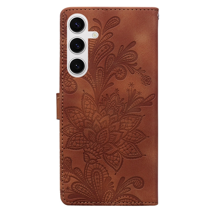 For Samsung Galaxy S25 5G Lace Floral Embossed Magnetic Buckle PU Phone Case With Wrist Strap(Brown) - Galaxy S25 5G Cases by buy2fix | Online Shopping UK | buy2fix