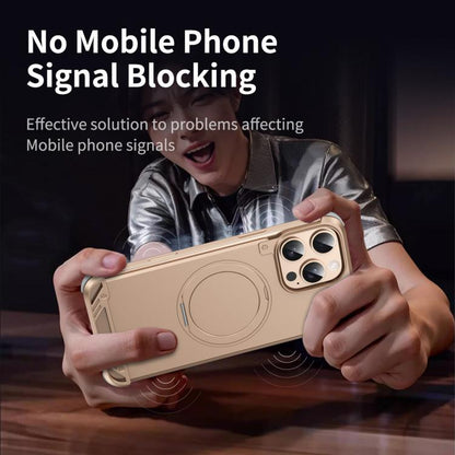 For iPhone 16 Pro R-JUST RJ63-1 Frameless Aroma Mecha MagSafe Holder Phone Case(Desert Gold) - iPhone 16 Pro Cases by R-JUST | Online Shopping UK | buy2fix