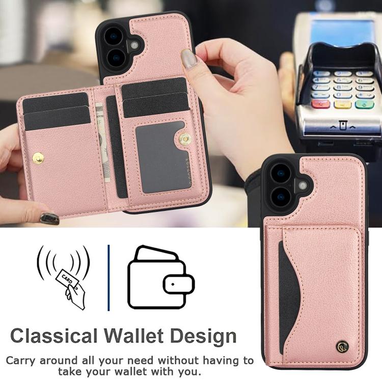 For iPhone 16 AwQuer Horizontal Flip Card Bag Holder Leather Phone Case(Rose Gold) - iPhone 16 Cases by Awquer | Online Shopping UK | buy2fix