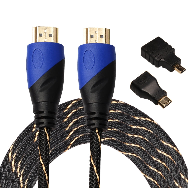 5m HDMI 1.4 Version 1080P Woven Net Line Blue Black Head HDMI Male to HDMI Male Audio Video Connector Adapter Cable with Mini HDMI & Micro HDMI Adapter Set - Cable by buy2fix | Online Shopping UK | buy2fix