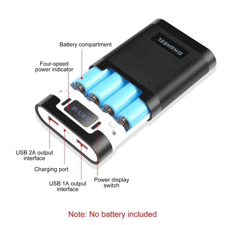 HAWEEL DIY 4x 18650 Battery (Not Included) 10000mAh Dual-way QC Charger Power Bank Shell Box with 2x USB Output & Display, Support PD / QC / SCP / FCP / AFC / PPS / PE (Black) - Power Bank Box by HAWEEL | Online Shopping UK | buy2fix