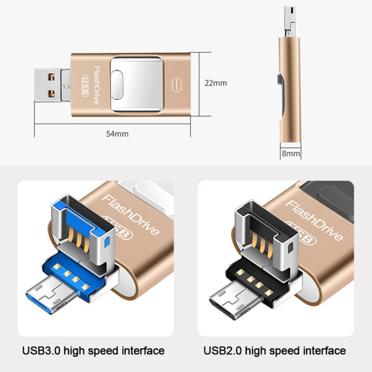 64GB USB 3.0 + 8 Pin + Mirco USB Android iPhone Computer Dual-use Metal Flash Drive (Silver) - U Disk & Card Reader by buy2fix | Online Shopping UK | buy2fix