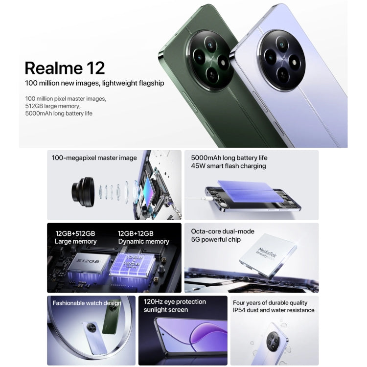 Realme 12, 12GB+512GB, Side Fingerprint Identification, 6.72 inch Realme UI 5.0 Dimensity 6100+ 5G Octa Core, NFC, Network: 5G, Support Google Play (Green) - OPPO by Realme | Online Shopping UK | buy2fix