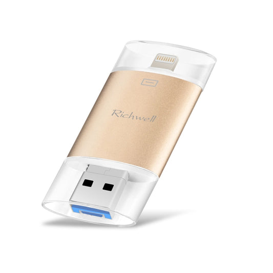Richwell 3 in 1 16G Type-C + 8 Pin + USB 3.0 Metal Double Cover Push-pull Flash Disk with OTG Function(Gold) - U Disk & Card Reader by Richwell | Online Shopping UK | buy2fix