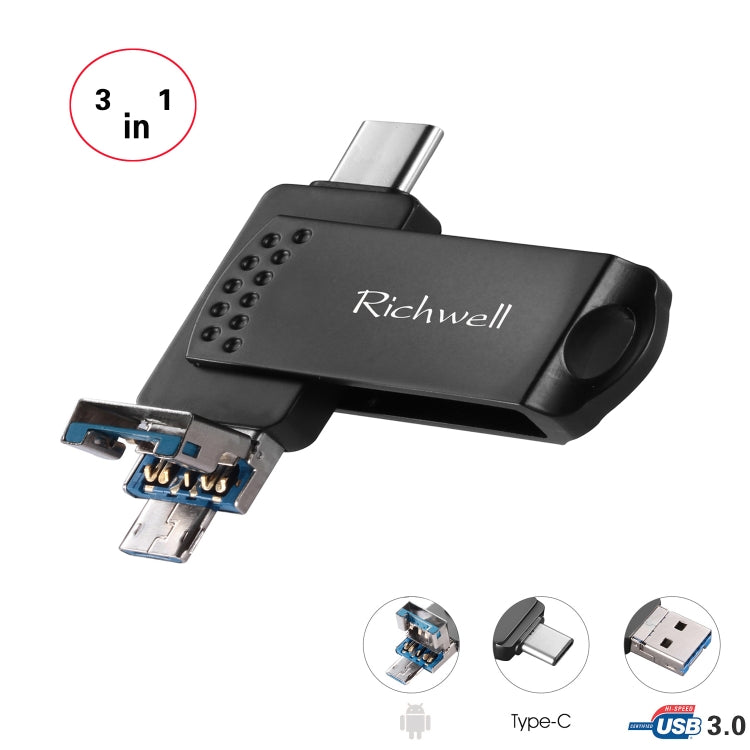 Richwell 3 in 1 128G Type-C + Micro USB + USB 3.0 Metal Flash Disk with OTG Function(Black) - U Disk & Card Reader by Richwell | Online Shopping UK | buy2fix
