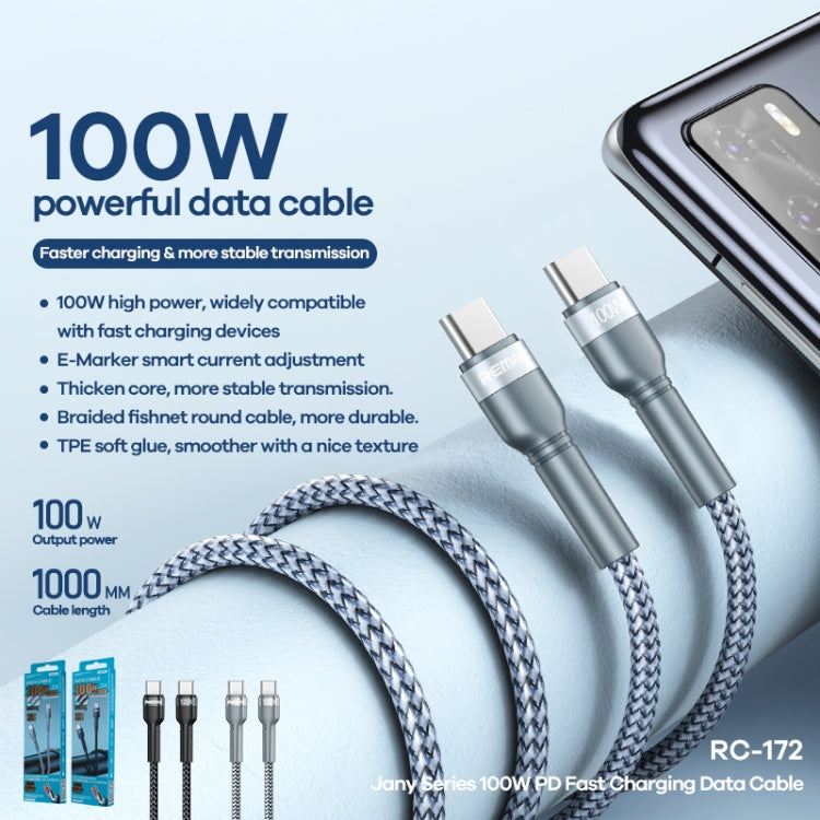 REMAX RC-172 Jany Series 1m PD100W Type-C to USB-C / Type-C Aluminum Alloy Braid Fast Charging Data Cable (Silver) - USB-C & Type-C Cable by REMAX | Online Shopping UK | buy2fix