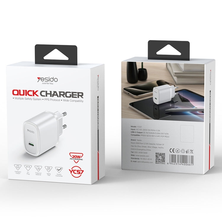 Yesido YC57 PD 20W USB-C / Type-C Single Port Quick Charger, EU Plug (White) - USB Charger by Yesido | Online Shopping UK | buy2fix
