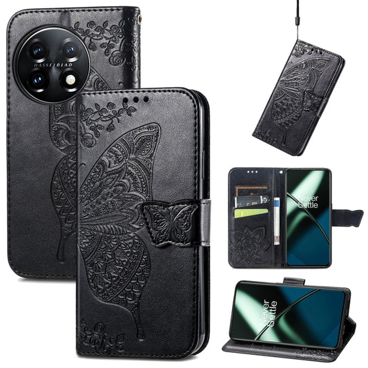 For OnePlus 11 Butterfly Love Flower Embossed Flip Leather Phone Case(Black) - OnePlus Cases by buy2fix | Online Shopping UK | buy2fix