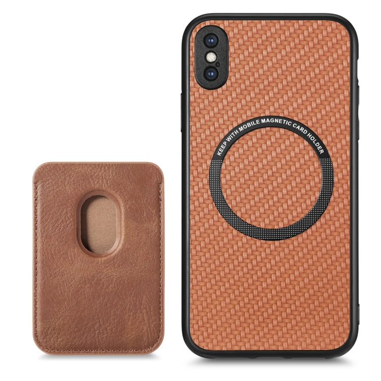 For iPhone XS Max Carbon Fiber Leather Card Magsafe Magnetic Phone Case(Brown) - More iPhone Cases by buy2fix | Online Shopping UK | buy2fix