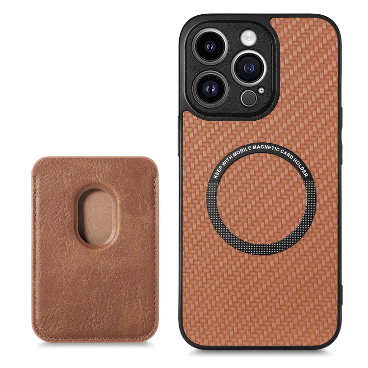 For iPhone 13 Pro Max Carbon Fiber Leather Card Magsafe Magnetic Phone Case(Brown) - iPhone 13 Pro Max Cases by buy2fix | Online Shopping UK | buy2fix