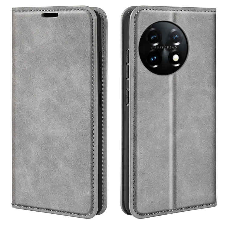 For OnePlus 11  Retro-skin Magnetic Suction Leather Phone Case(Grey) - OnePlus Cases by buy2fix | Online Shopping UK | buy2fix