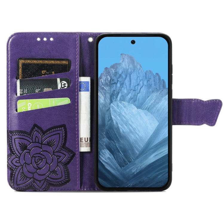 For Google Pixel 9 Butterfly Love Flower Embossed Leather Phone Case(Dark Purple) - Google Cases by buy2fix | Online Shopping UK | buy2fix