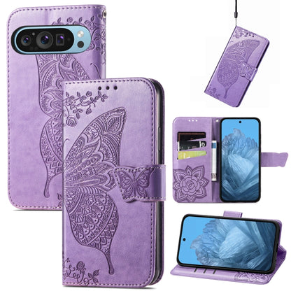 For Google Pixel 9 Butterfly Love Flower Embossed Leather Phone Case(Light Purple) - Google Cases by buy2fix | Online Shopping UK | buy2fix