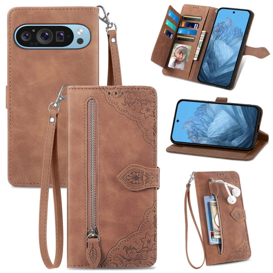 For Google Pixel 9 Pro Embossed Flower Zipper Leather Phone Case(Brown) - Google Cases by buy2fix | Online Shopping UK | buy2fix