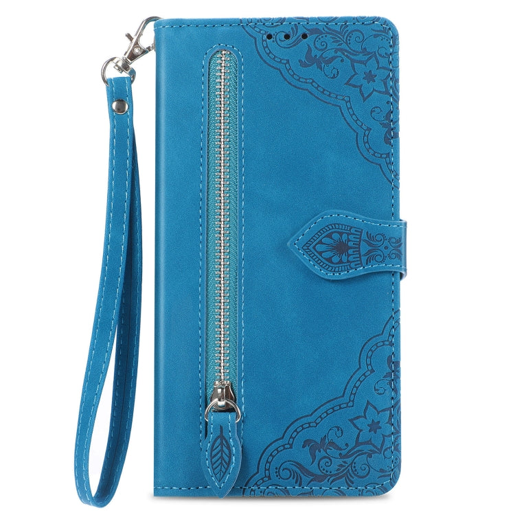 For Google Pixel 9 Pro Embossed Flower Zipper Leather Phone Case(Blue) - Google Cases by buy2fix | Online Shopping UK | buy2fix