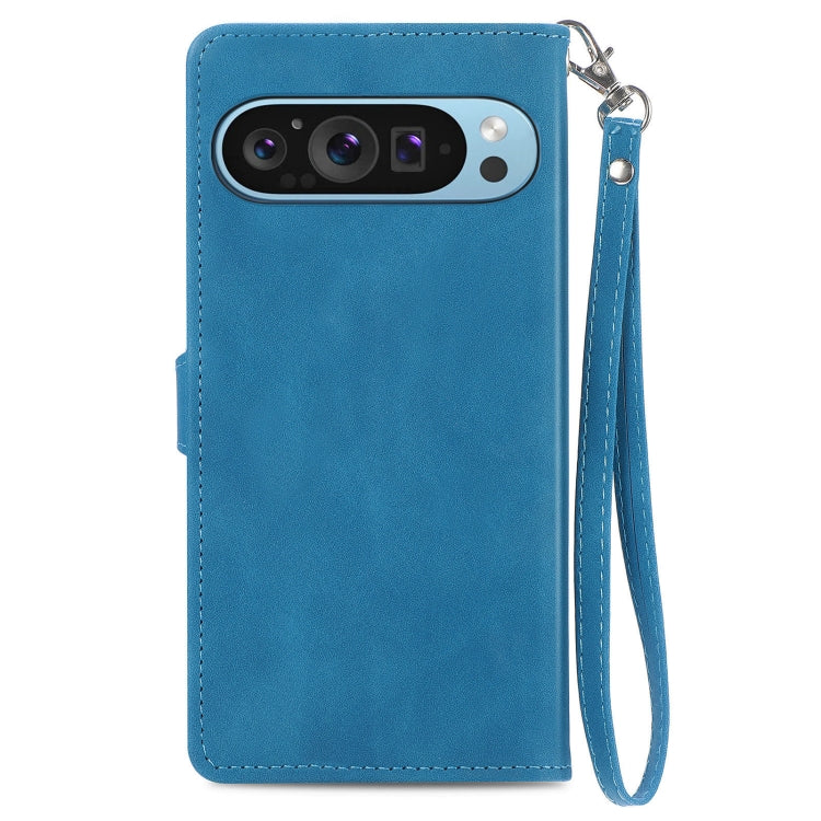 For Google Pixel 9 Pro Embossed Flower Zipper Leather Phone Case(Blue) - Google Cases by buy2fix | Online Shopping UK | buy2fix