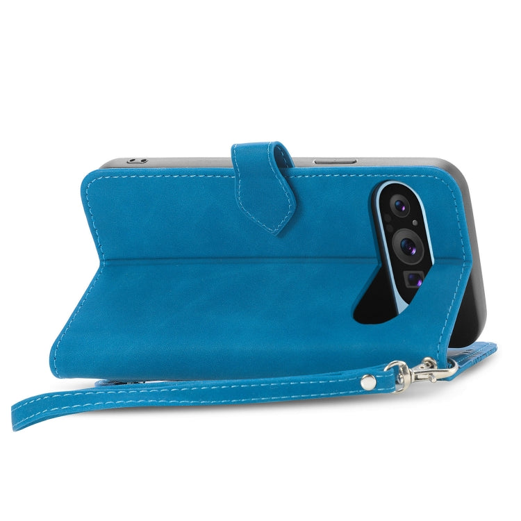 For Google Pixel 9 Pro Embossed Flower Zipper Leather Phone Case(Blue) - Google Cases by buy2fix | Online Shopping UK | buy2fix