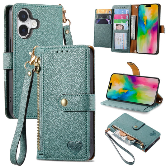 For iPhone 16 Love Zipper Lanyard Leather Phone Case(Green) - iPhone 16 Cases by buy2fix | Online Shopping UK | buy2fix