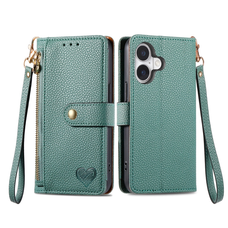 For iPhone 16 Love Zipper Lanyard Leather Phone Case(Green) - iPhone 16 Cases by buy2fix | Online Shopping UK | buy2fix