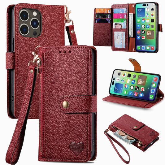 For iPhone 16 Pro Love Zipper Lanyard Leather Phone Case(Red) - iPhone 16 Pro Cases by buy2fix | Online Shopping UK | buy2fix