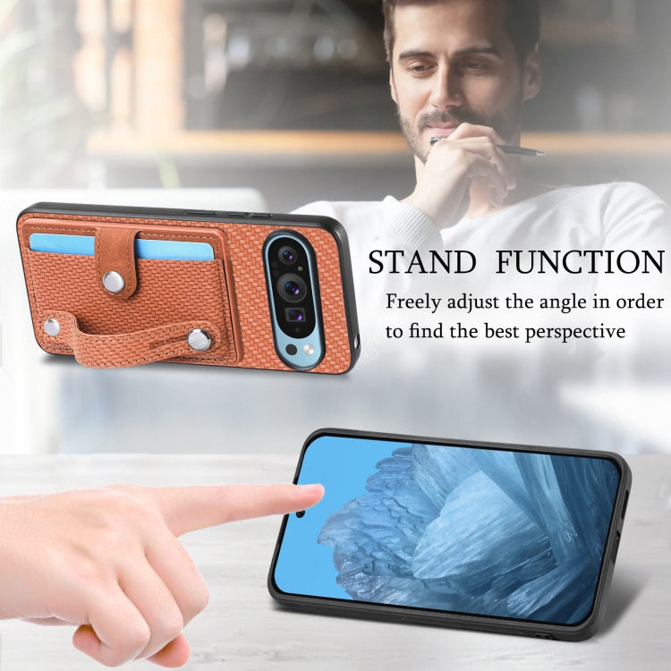 For Google Pixel 9 Wristband Kickstand Card Wallet Back Cover Phone Case with Tool Knife(Brown) - Google Cases by buy2fix | Online Shopping UK | buy2fix