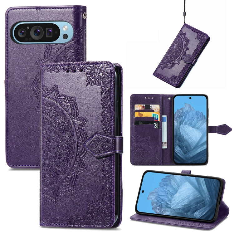 For Google Pixel 9 Mandala Flower Embossed Leather Phone Case(Purple) - Google Cases by buy2fix | Online Shopping UK | buy2fix