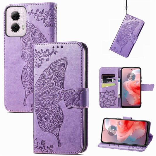 For Motorola Moto G Power 2024 Butterfly Love Flower Embossed Leather Phone Case(Light Purple) - Motorola Cases by buy2fix | Online Shopping UK | buy2fix