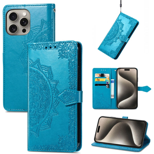 For iPhone 16 Mandala Flower Embossed Leather Phone Case(Blue) - iPhone 16 Cases by buy2fix | Online Shopping UK | buy2fix