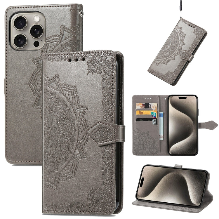 For iPhone 16 Mandala Flower Embossed Leather Phone Case(Gray) - iPhone 16 Cases by buy2fix | Online Shopping UK | buy2fix