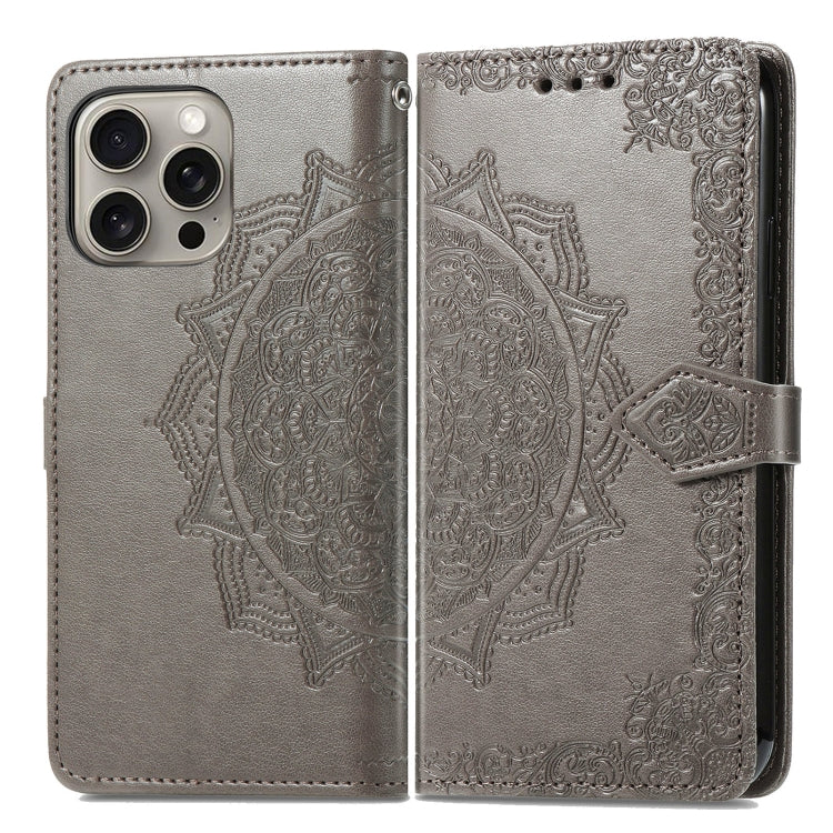 For iPhone 16 Mandala Flower Embossed Leather Phone Case(Gray) - iPhone 16 Cases by buy2fix | Online Shopping UK | buy2fix