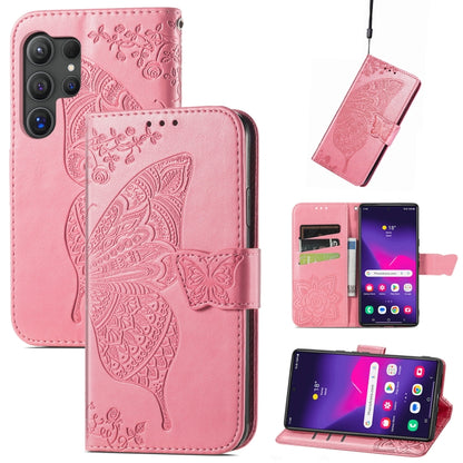 For Samsung Galaxy S25 Ultra 5G Butterfly Love Flower Embossed Leather Phone Case(Pink) - Galaxy S25 Ultra 5G Cases by buy2fix | Online Shopping UK | buy2fix