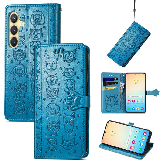 For Samsung Galaxy S25 Ultra 5G Cat and Dog Embossed Leather Phone Case(Blue) - Galaxy S25 Ultra 5G Cases by buy2fix | Online Shopping UK | buy2fix