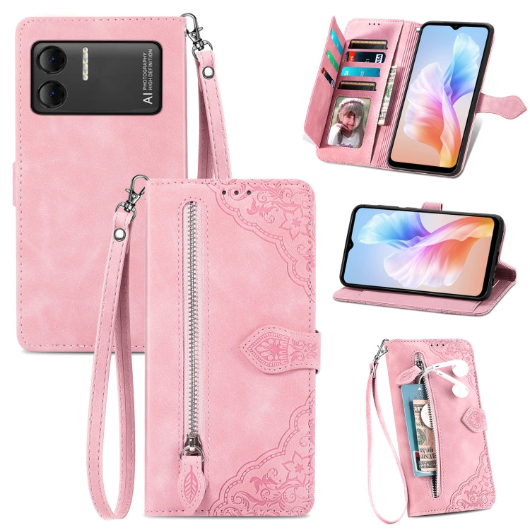 For DOOGEE X98 Pro / X98 Embossed Flower Zipper Leather Phone Case(Pink) - Doogee Cases by buy2fix | Online Shopping UK | buy2fix